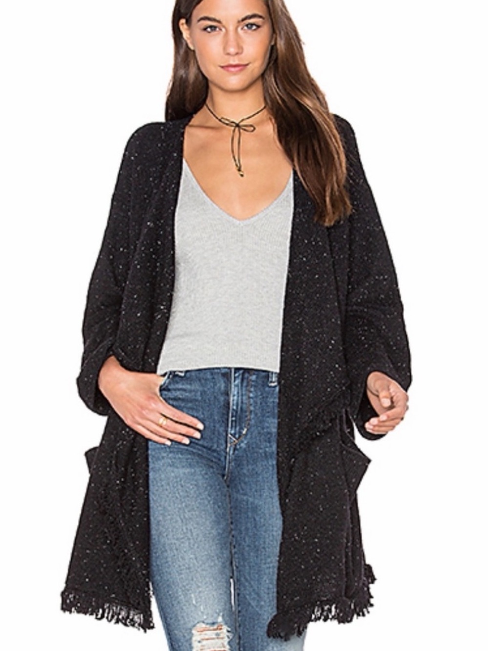 Soft Joie Farid Fringe Open Sweater Cardigan speckled black